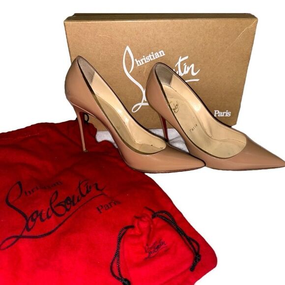 Christian Louboutin Decollete 554 Nude Patent Leather Pointed Toe Heels Pumps - Picture 3 of 8